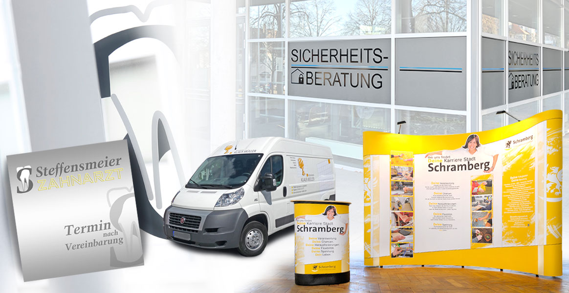 Fahrzeugeschriftung, Schaufensterbeklebung, Beschilderung, Lichtreklame, Werbeanlagen, Roll-Up, Banner, Textilien, Verpackungen (Verpackungsdesign)