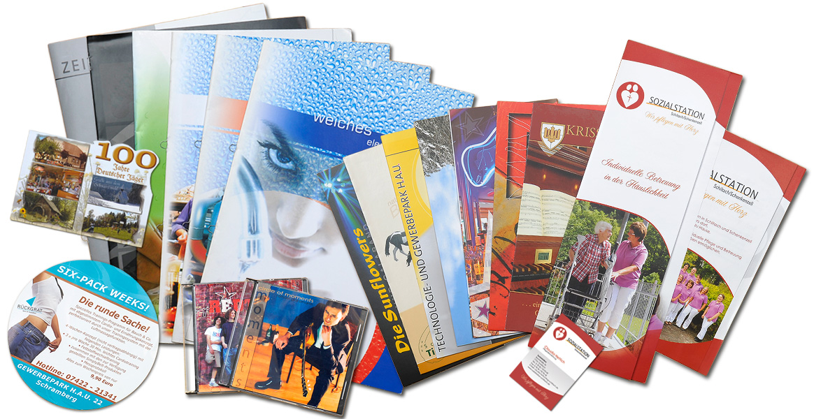 Vom Flyer, über Folder, Prospekte und Broschüren, bis zum Katalog und Geschäftspapieraustattung
