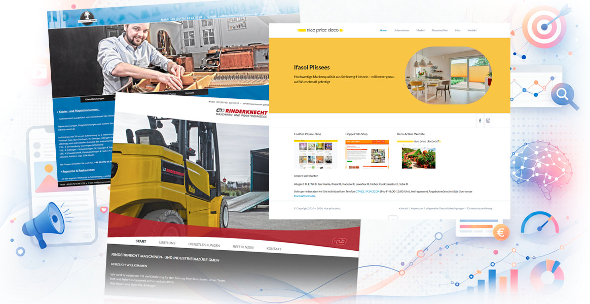 Homepage Website Onlineshop Konfigurator Anbindungen Erweiterungen Sonderlösungen Contentmanagementsystem (CMS) Suchmaschinenoptimierung (SEO) Social-Media-Marketing (SMM)